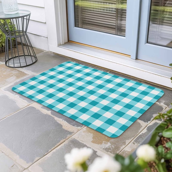Turquoise Checkered Door Mat Indoor Outdoor, Farmhouse Buffalo Plaid Non Slip Welcome Mat with Rubber Backing, Absorbent Fabric Front Door Mats Entryway Rug for Home Patio Entrance 16"x24"