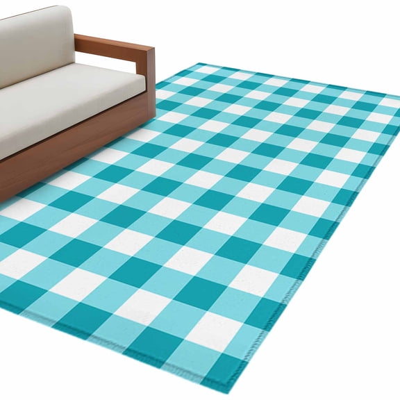 Turquoise Checkered Large Area Rugs for Bedroom Living Room, Soft Non Slip Carpet Bedside Rug, Farmhouse Buffalo Plaid Rectangular Floor Cover Kitchen Accent Rug 3'x5' for Dining Room/Office