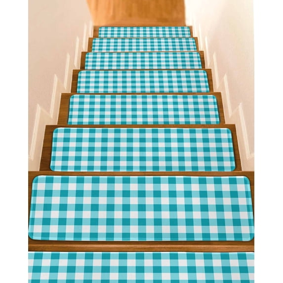 Turquoise Checkered Stair Treads for Wooden Steps Indoor Runner Rug Carpet, Farmhouse Buffalo Plaid 4 Pieces Peel and Stick Staircase Step Treads Covers Washable Throw Door Mats, 30"x8"