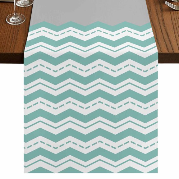 Turquoise Chevron 48 Inch Table Runner, Geometric Grey Wavy Striped White Farmhouse Dresser Scarf Cotton & Linen Tablerunner for Dining/Kitchen Island/Holiday Party Décor 13" x 48"