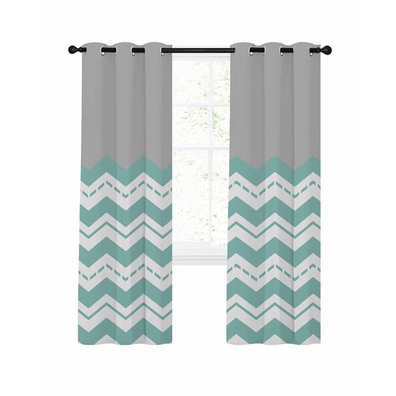Turquoise Chevron Blackout Curtains, Light Blocking Print Window Curtains, Geometric Grey Wavy Striped White Thermal Insulated Window Drapes for Living Room Kitchen Cafe 2 Panels, 84"W x 63"L