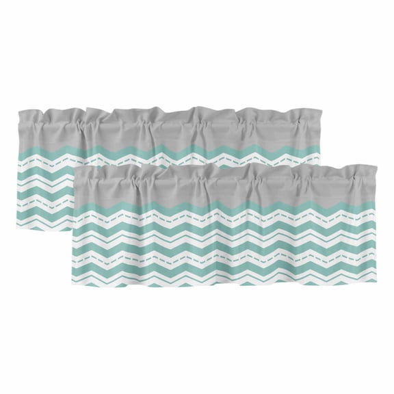 Turquoise Chevron Curtain Valances for Windows, Kitchen Valance Window Treatments Panel 2 Pack, Geometric Grey Wavy Striped White Rod Pocket Short Curtains for Bathroom Bedroom 42 x 18 Inch