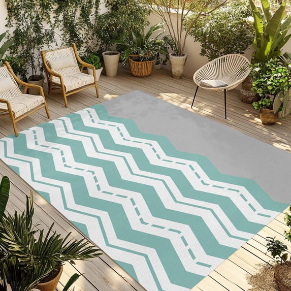 Turquoise Chevron Outdoor Rug 4x6 Ft - Reversible Patio Rug Outdoor Camping Rugs, Geometric Grey Wavy Striped White Washable Indoor Outdoor Area Rugs, Non-Slip Outdoor Carpet Runner for Deck/Porch