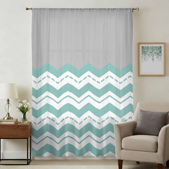 Turquoise Chevron Sheer Curtains 45 Inches Long, Geometric Grey Wavy Striped White Light Filering Curtains, Breathable Simi Curtain Privacy Drapes for Kitchen Bathroom Small Window Treatment