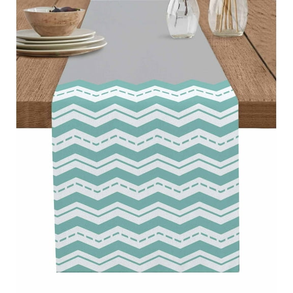Turquoise Chevron Table Runner 36 Inches, Geometric Grey Wavy Striped White Bed Runner Dresser Scarves Tabletop for Indoor Outdoor Parties/Ceremony/Banquet, 13"x 36"