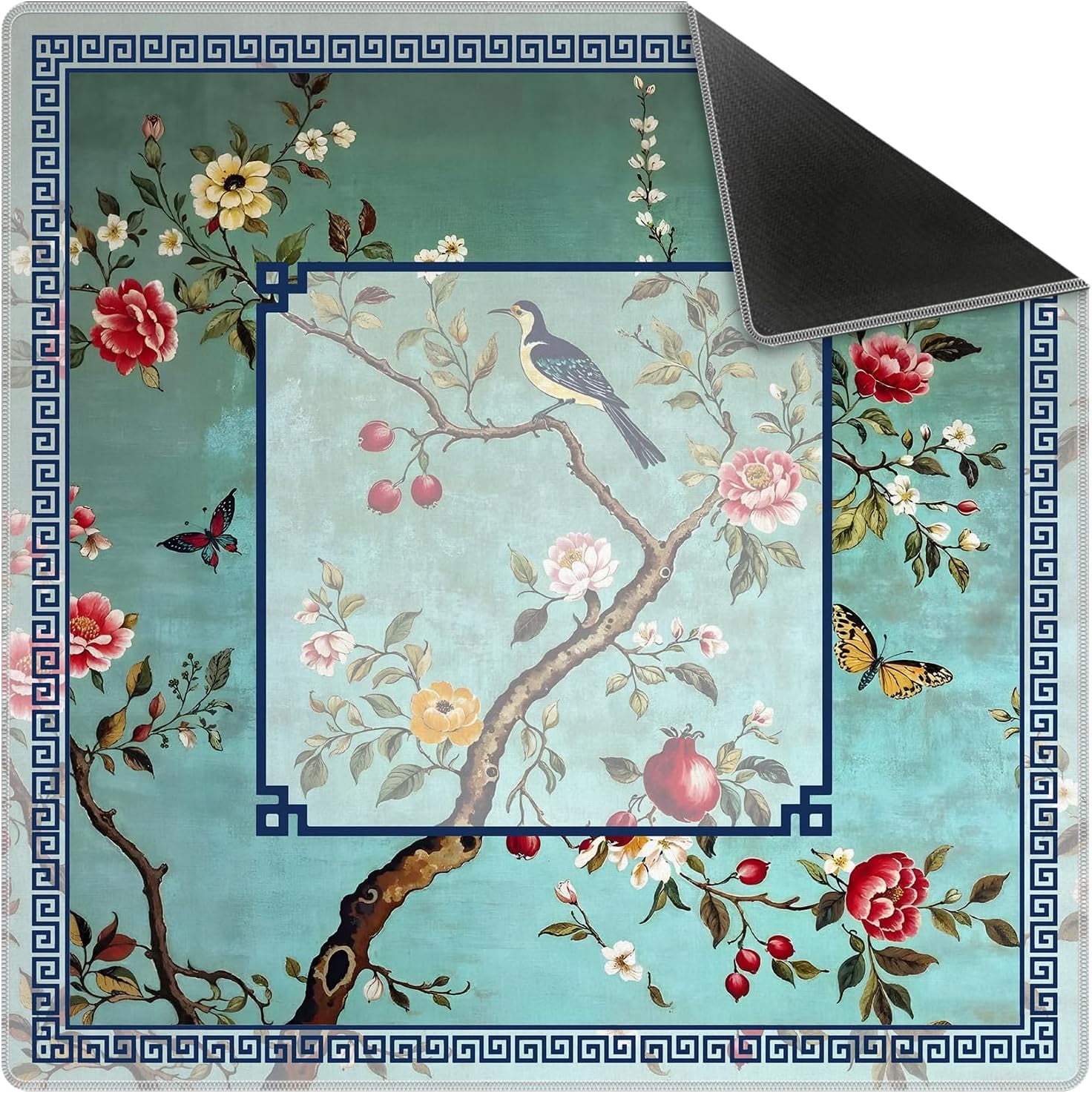 Turquoise Chinoiserie Floral Mahjong Mat 31.5 x 31.5 Inch, Grandmillennial Chinese Non-Slip Noise Reduction Mahjong Table Mat for American Mah Jong Poker Card Board Games Dominoes