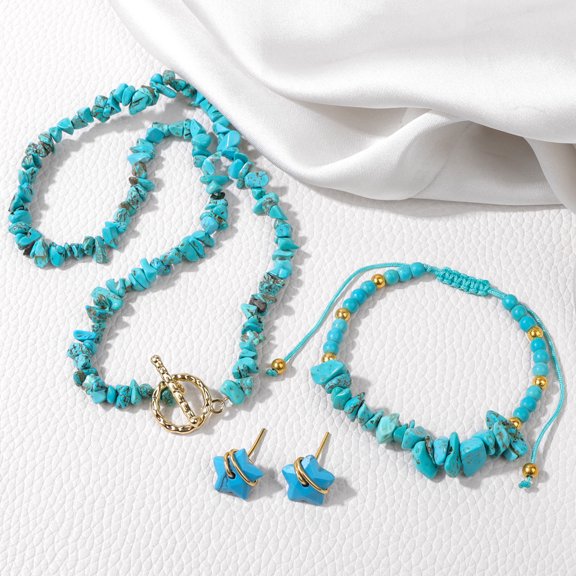 Turquoise Chip with 304 Stainless Steel Beaded Necklace & Bead Bracelet & Star Stud Earring 400mm