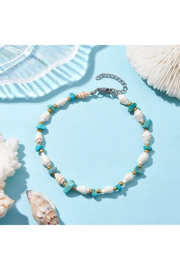 Turquoise Chips & Natural Trumpet Shell Beaded Anklets 9-1/4 inch(23.6cm)