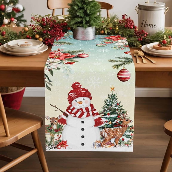 Turquoise Christmas Cotton Linen Table Runner 18 x 72 inch Snowman Xmas Tree Elk Poinsettia Non-slip Rectangular Dining Table Decor for Wedding Party Holiday Dinner