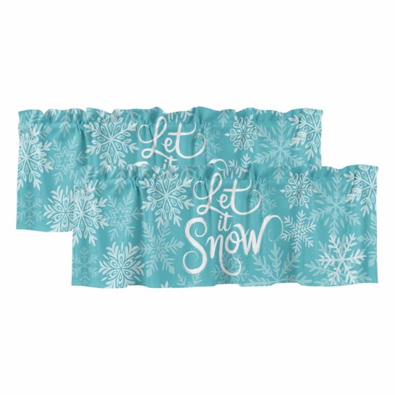 Turquoise Christmas Curtain Valances for Windows, Kitchen Valance Window Treatments Panel 2 Pack, Winter White Snowflakes Patterned Rod Pocket Short Curtains for Bathroom Bedroom 54 x 18 Inch