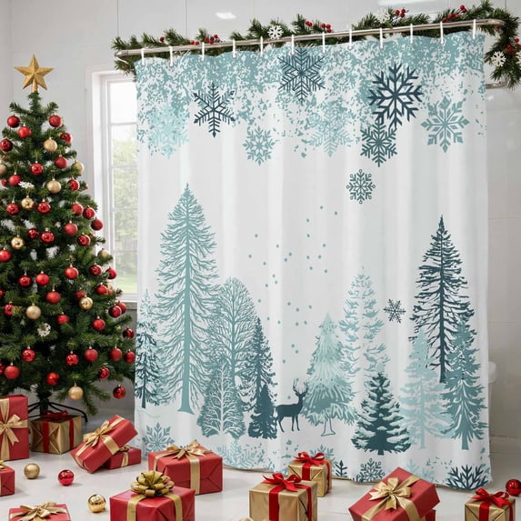 Turquoise Christmas Shower Curtains for Bathroom, Xmas Tree Snowflake Elk Winter Waterproof Fabric Shower Curtain, Decorative Bathroom Curtain for Bathtub, 72"x72", No Hooks Included
