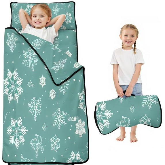 Turquoise Christmas Snowflake Pattern Toddler Nap Mats for Kids Preschool,50"x20" Sleeping Mat Bag or Kids,Toddler Sleeping Bag,Toddler Nap Mat or Daycare