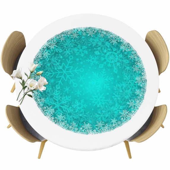 Turquoise Christmas Snowflake Round Tablecloth, Fitted Table Cover with Elastic for 45"-54" Round Tables, Xmas Winter Modern Teal Table Cloth Outdoor Indoor Dinning Party Waterproof Tablecloths