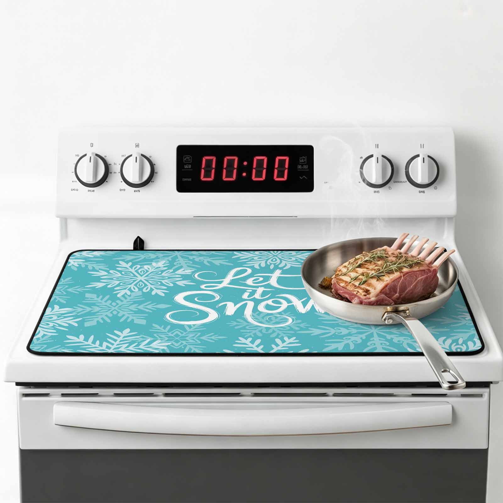 Turquoise Christmas Stove Top Cover for Electric Stove, Heat-proof & Non Slip Glass Top Stove Cover Protector, Winter White Snowflakes Patterned Kitchen Flat Cooktop Rubber Mat 24x21 Inches