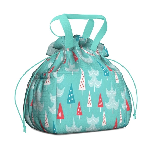Turquoise Christmas Tree Pattern Drawstring Lunch Bag Women - Drawstring Lunch Bag Insulated for Work Office - Stain-Resistant Large Lunchbags for Women with Multi-Pockets