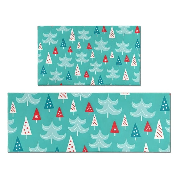 Turquoise Christmas Tree Pattern Kitchen Rugs Sets Of 2,Anti Fatigue Kitchen Mat Rugs Non Slip Washable,Decorative Kitchen Floor Mats for Kitchen,Sink,Laundry,17"x30"+17"x47"
