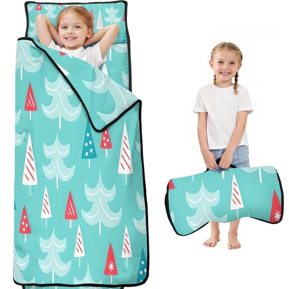 Turquoise Christmas Tree Pattern Toddler Nap Mats for Kids Preschool,60"x20" Sleeping Mat Bag or Kids,Toddler Sleeping Bag,Toddler Nap Mat or Daycare
