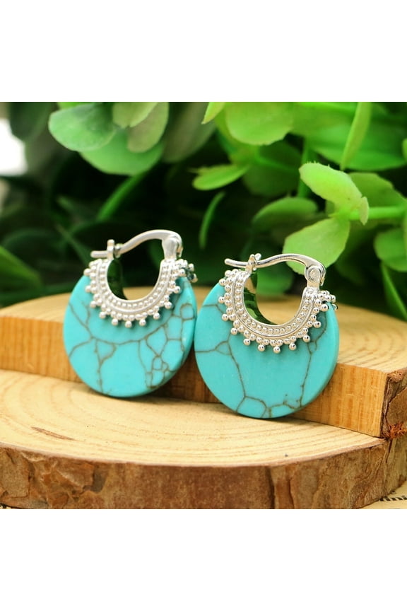 Turquoise Circle Cutout Huggie Earrings, 14K White Gold Plated