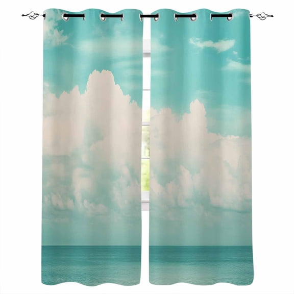 Turquoise Cloudy Sky Blackout Curtains for Bedroom/Living Room, Thermal Insulated Kitchen Curtains, Summer Ocean Horizon Scenery Grommet Darkening Window Treatment Drapes 52"x63"x2