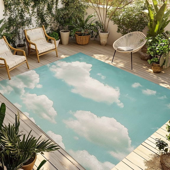 Turquoise Cloudy Sky Outdoor Rug 5x8 Ft - Reversible Patio Rug Outdoor Camping Rugs, Modern Clouds Nature Scenery Washable Indoor Outdoor Area Rugs, Non-Slip Outdoor Carpet Runner for Deck/Porch