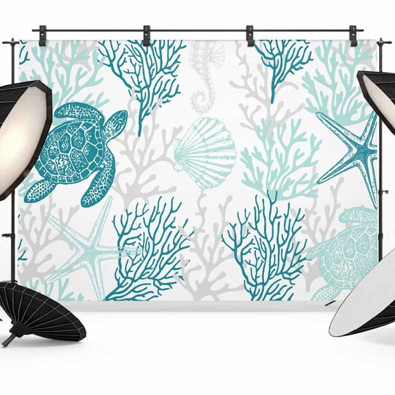 Turquoise Coastal Backdrop for Photography,Fabric Photo Background Backdrop,Sea Turtle Nautical Coral Summer Beach Photo Booth Background for Portrait Photoshoot Video Wedding Banner 10x8ft