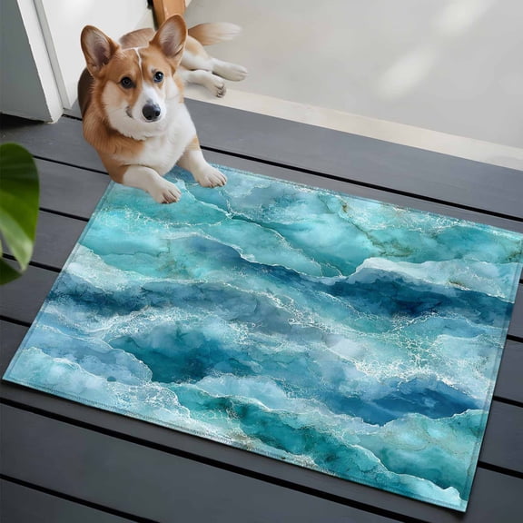 Turquoise Coastal Bathroom Mat 2x3 FT, Non Slip Small Kitchen Mat, Modern Abstract Beach Waves Ocean Washable Soft Backed Front Door Throw Rug Non-Shedding Indoor Outdoor Doormat for Entryway Sink
