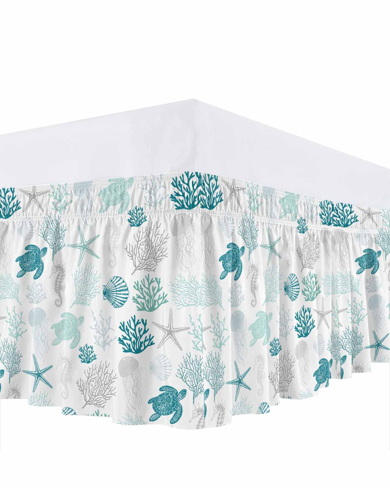 Turquoise Coastal Bed Skirt Queen Size,Nautical Summer Beach Coral Sea Turtle Wrap Around Bed Skirting with Adjustable Elastic Strap,Dust Ruffle Pleated Bedskirts 16 Inch Drop for Bedroom Queen Beds