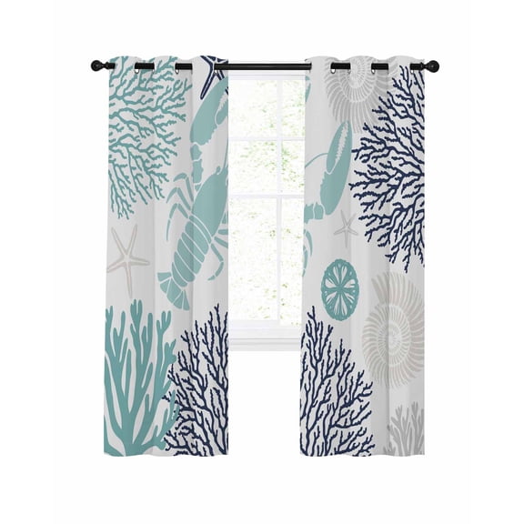 Turquoise Coastal Blackout Curtains, Light Blocking Print Window Curtains, Summer Lobster Coral Nautical Thermal Insulated Window Drapes for Living Room Kitchen Cafe 2 Panels, 104"W x 96"L