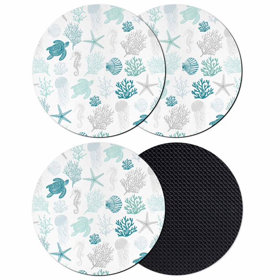 Turquoise Coastal Coasters Set of 4, Nautical Summer Beach Coral Sea Turtle Absorbent Coasters for Drinks, Coaster for Bar Office Dining Coffee Table Accessories Decor, Non Slip Round Desk Coaster
