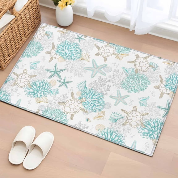 Turquoise Coastal Entryway Rug 2'x3' Non Slip Front Door Mats, Summer Beach Coral Sea Turtle Starfish Entrance Rugs Indoor Outdoor Carpet, Washable Floor Mats Small Area Rug for Bedroom Kitchen