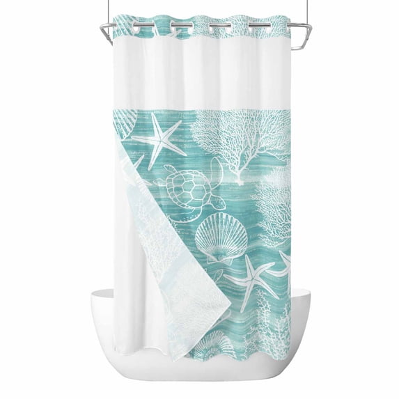 Turquoise Coastal No Hook Shower Curtain with Snap in Liner, Waterproof Fabric Shower Curtains, Nautical Coral Starfish Shell Turtle Summer Shower Curtain Set Top See Through for Bathroom 54"x78"