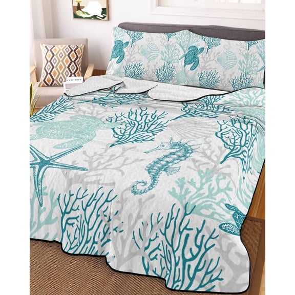 Turquoise Coastal King Size Down Alternative Comforter,Lightweight Comforter Quilt Bedding Set with Pillow Shams Sea Turtle Nautical Coral Summer Beach All Seasons Bed Comforter Duvet Insert 96"x106"