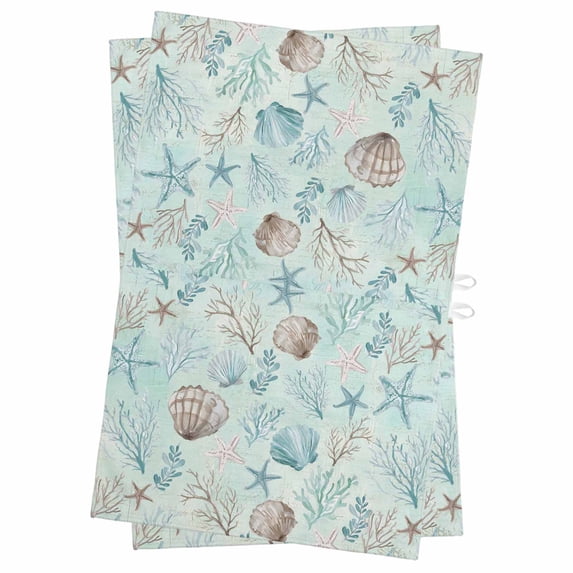 Turquoise Coastal Kitchen Towels Set of 2, Water Absorbent Dish Towel, Nautical Beach Ocean Starfish Coral Shells Decorative Hand Towels - Quick Drying Cloth for Cooking Baking, 18x28 Inch