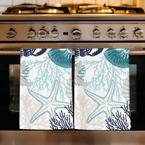Turquoise Coastal Kitchen Towels Set of 3, Grey Navy Blue Coral Starfish Nautical Absorbent Dish Towels for Kitchen, Microfiber Hand Towel, Quick Drying Tea Towel for Cleaning Decorative Dishcloths