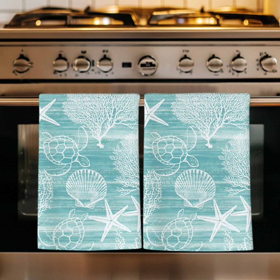 Turquoise Coastal Kitchen Towels Set of 3, Nautical Coral Starfish Shell Turtle Summer Absorbent Dish Towels for Kitchen, Microfiber Hand Towel, Quick Drying Tea Towel for Cleaning Dishcloths