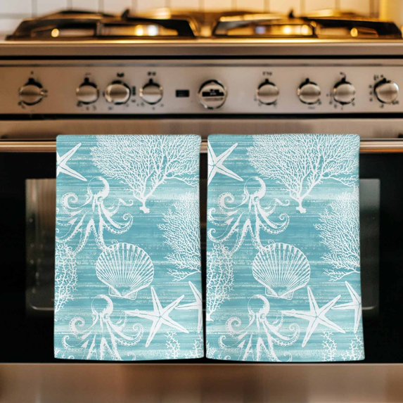 Turquoise Coastal Kitchen Towels Set of 4, Nautical Coral Starfish Shell Octopus Sea Absorbent Dish Towels for Kitchen, Microfiber Hand Towel, Quick Drying Tea Towel for Cleaning Dishcloths