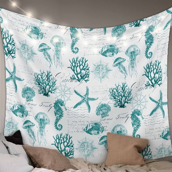 Turquoise Coastal Large Tapestry for Bedroom Wall Hanging Tapestry, Nautical Starfish Jellyfish Rudder Ceiling Backdrop Tapestries Poster Blanket Wall Decor for Teens Room Living Room Dorm 100" x 59"