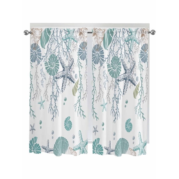 Turquoise Coastal Living Room Curtains 72 Inches length, Summer Beach Coral Shell Starfish Ocean Window Treatment Curtain Drapes, Light Filtering Drapes for Bedroom Laundry Room, 52"x72", 2 Panels