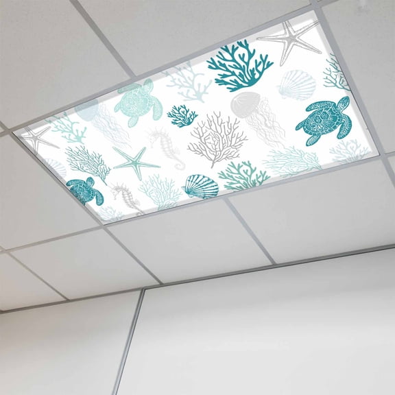 Turquoise Coastal Magnetic Fluorescent Light Covers for Ceiling Lights 2x4Ft, Nautical Summer Beach Coral Sea Turtle Office Classroom Kitchen Drop Ceiling Light Covers Filters Shade Panel 1 Pack