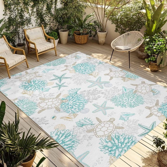 Turquoise Coastal Outdoor Rug for Patio/Deck/Porch, Non-Slip Large Area Rug 6 x 9 Ft, Summer Beach Coral Sea Turtle Starfish Indoor Outdoor Rugs Washable Area Rugs, Camping Rug Carpet Runner