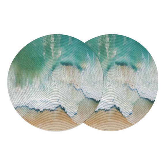 Turquoise Coastal Round 13 Inch Placemats Set of 2, Nautical Summer Beach Seaside HeatResistant Non Slip Place Mats for Dining Table, Wipeable Braided Kitchen Table Mats for Housewarming