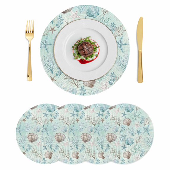 Turquoise Coastal Round 13 Inch Placemats Set of 4, Nautical Beach Ocean Starfish Coral Shells HeatResistant Non Slip Place Mats for Dining Table, Wipeable Braided Kitchen Table Mats for Housewarming