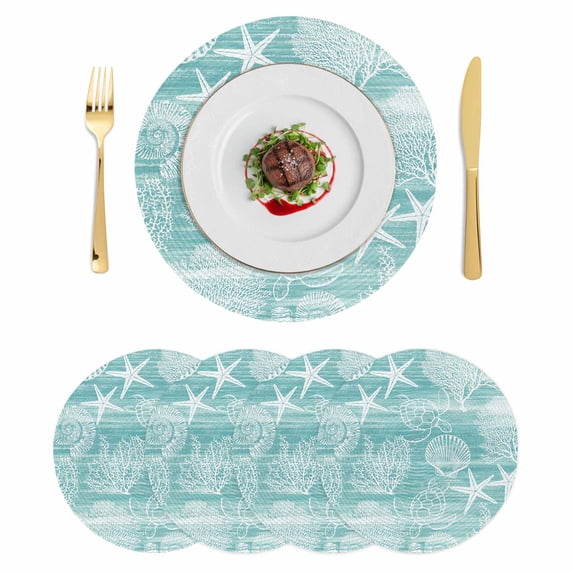 Turquoise Coastal Round 13 Inch Placemats Set of 4, Nautical Coral Starfish Shell Turtle Summer HeatResistant Non Slip Place Mats for Dining Table, Wipeable Kitchen Table Mats for Housewarming