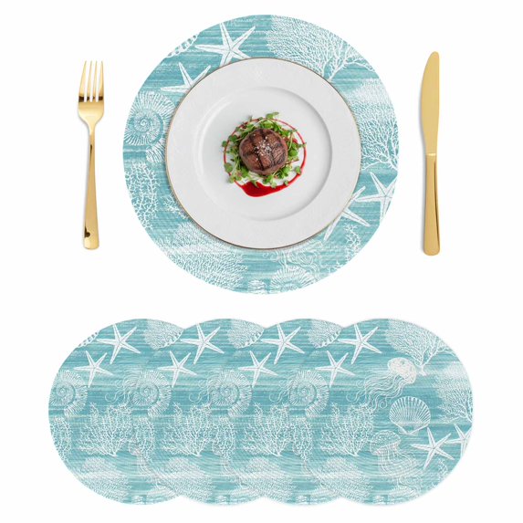 Turquoise Coastal Round 13 Inch Placemats Set of 4, Nautical Starfish Coral Jellyfish Shell Sea HeatResistant Non Slip Place Mats for Dining Table, Wipeable Kitchen Table Mats for Housewarming