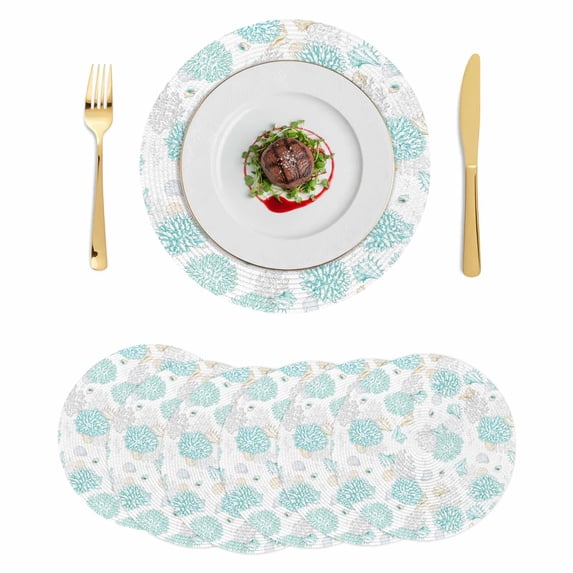 Turquoise Coastal Round 15 Inch Placemats Set of 6, Summer Beach Ocean Coral Conch Shell HeatResistant Non Slip Place Mats for Dining Table, Wipeable Braided Kitchen Table Mats for Housewarming