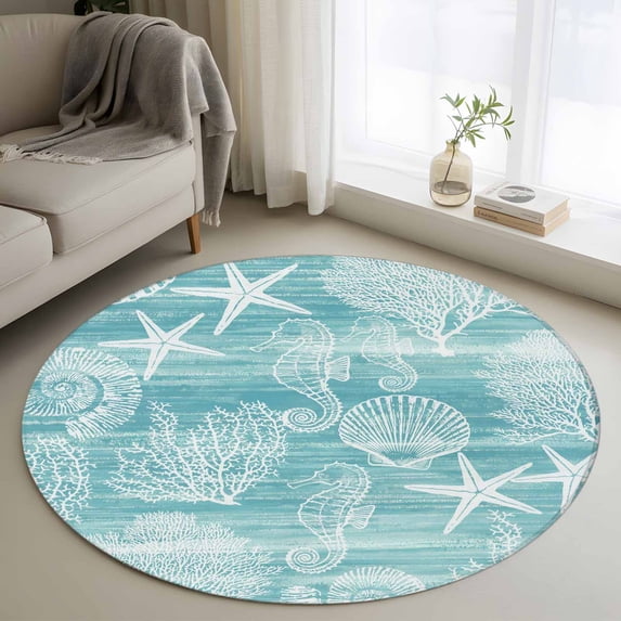 Turquoise Coastal Round Area Rug 3.3Ft Washable Circle Rugs for Dining Room Table, Nautical Coral Starfish Shell Seahorse Ocean Non-Slip Carpet Floor Mats Indoor Outdoor Carpet Runner Home Decor