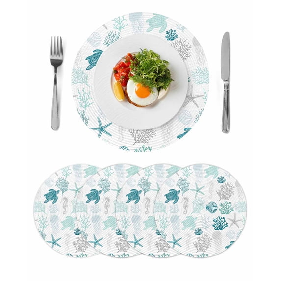 Turquoise Coastal Round Placemats Set of 4 for Dinning Tables,Heat-proof Braided Table Mats 13 Inch,Nautical Summer Beach Coral Sea Turtle Washable Place Mat for Kitchen Restaurant Party Table Decor