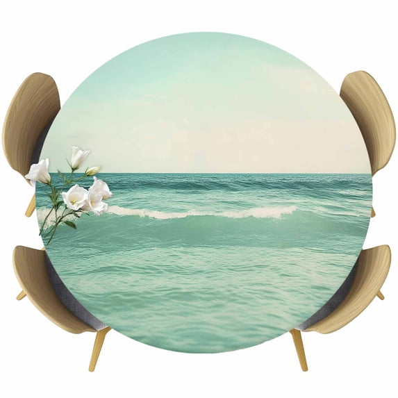 Turquoise Coastal Round Tablecloth 45-54 Inch Round Fitted Table Cloth with Elastic Edge, Teal Vintage Summer Ocean Waves Waterproof Table Cover Protector for Outdoor Picnic Party Dining
