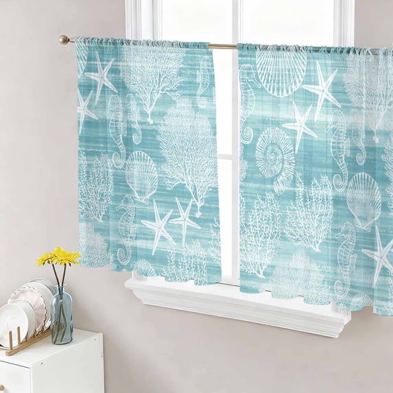 Turquoise Coastal Sheer Curtains 54 Inch Length 2 Panels Set, Nautical Coral Starfish Shell Seahorse Ocean Voile Window Treatment Rod Pocket Short Kitchen Curtains Drapes for Bedroom 52"x54"x2