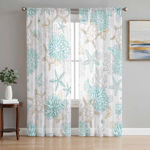 Turquoise Coastal Sheer Curtains 84 Inch Length 2 Panels Set, Summer Beach Coral Sea Turtle Starfish Voile Window Treatment Rod Pocket Curtains Sheers Drapes for Bedroom/Living Room/Kitchen 52"x84"x2